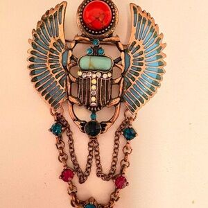 Vintage inspired Egyptian Winged Scarab beetle Brooch pendant with Red & Blue